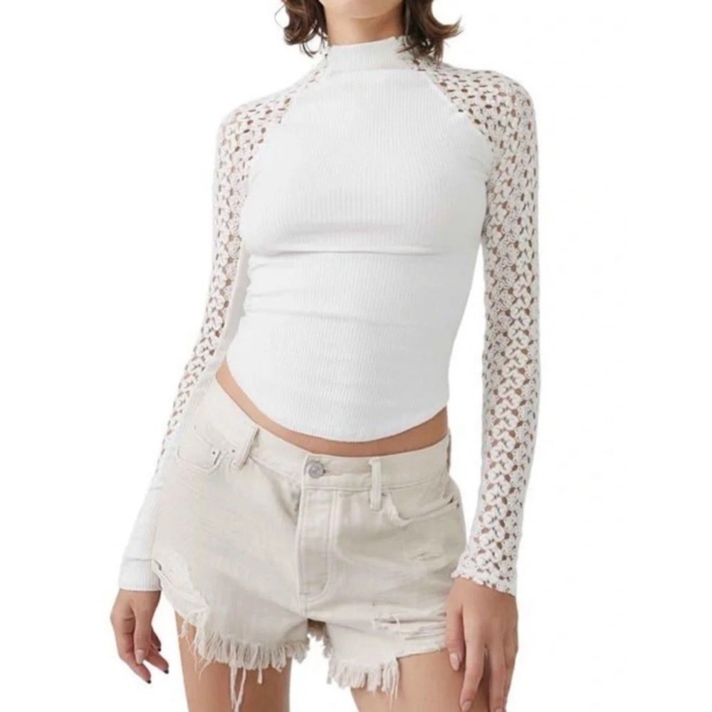 Free People Ribbed L Top Floral Lace Mock Neck Crotchet Long Sleeve Cottage Core